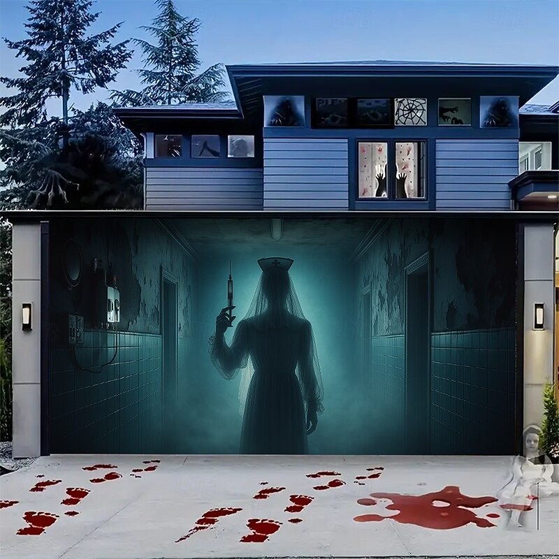 Halloween Garage Door Cover Banner Backdrop – Shadow Figure in Fog, Oversized Garage Door Decoration, Easy to Hang with Adhesive Hooks or Rope, Outdoor Decoration for 2025 Halloween