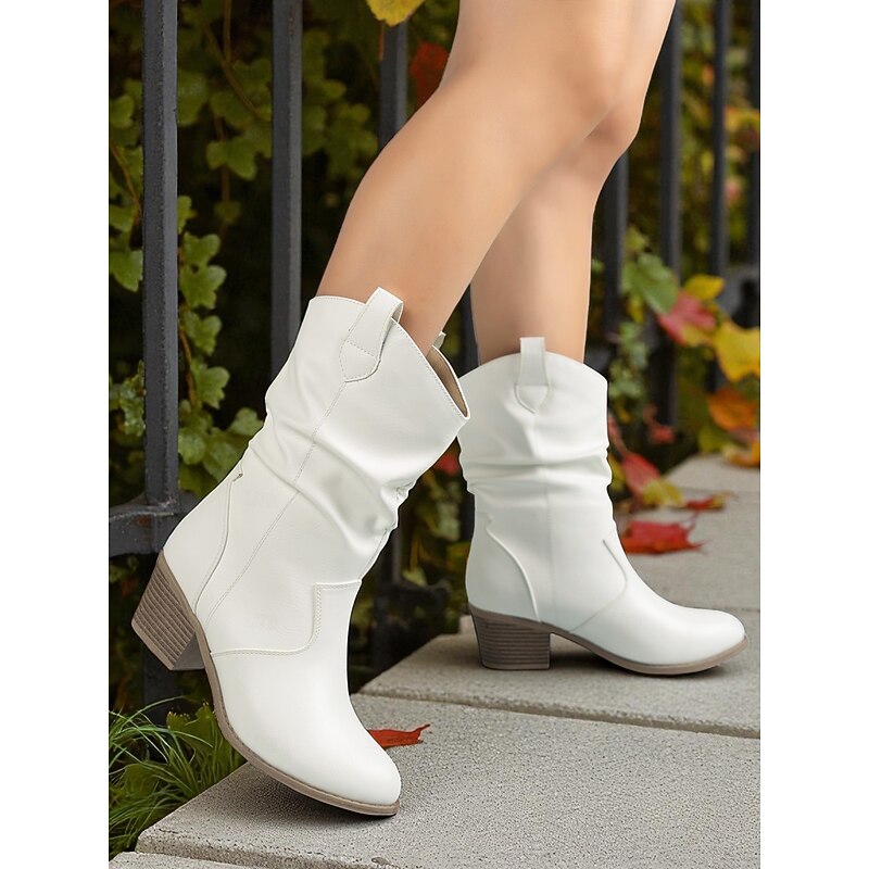 Women's Brown Slouchy Mid-Calf Boots with Block Heels – Vintage Western Style Faux Leather Boots for Country Outfits, Farm Visits and Autumn Festivals4