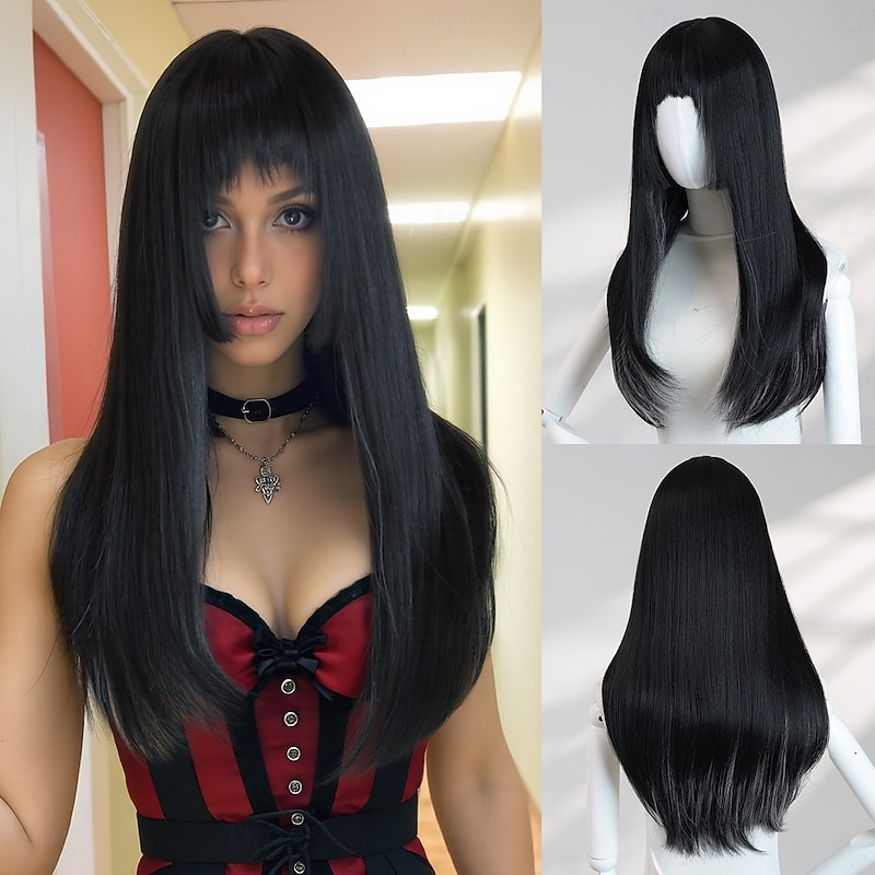 24-Inch Layered Straight Black Wig for Women – Full Bangs, Sleek Synthetic Hair, Perfect for Halloween Cosplay & Fashion