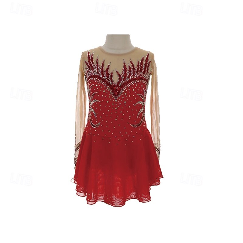 Figure Skating Dress Women's Girls' Ice Skating Dress Patchwork Thumbhole Mesh Spandex Stretchy Training Practice Professional Skating Wear Thermal Warm Crystal / Rhinestone Long Sleeve Ice Skating