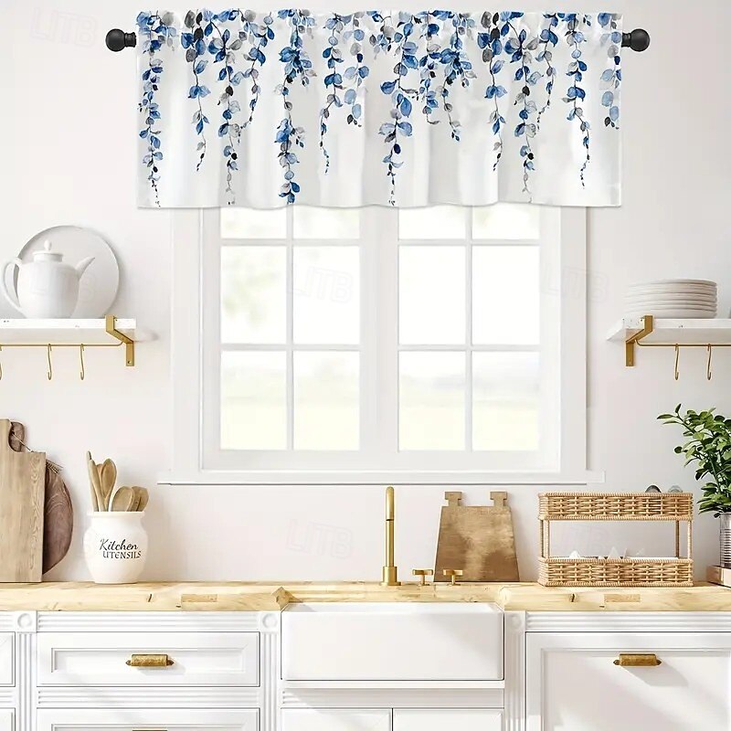 Fashionable Blue Floral And Leaf Printed Kitchen Short Curtains Pole Mouth Design For Kitchen Bathroom And Living Room - Machine Washable Polyester Fiber Home Decoration 54x18 Inches4