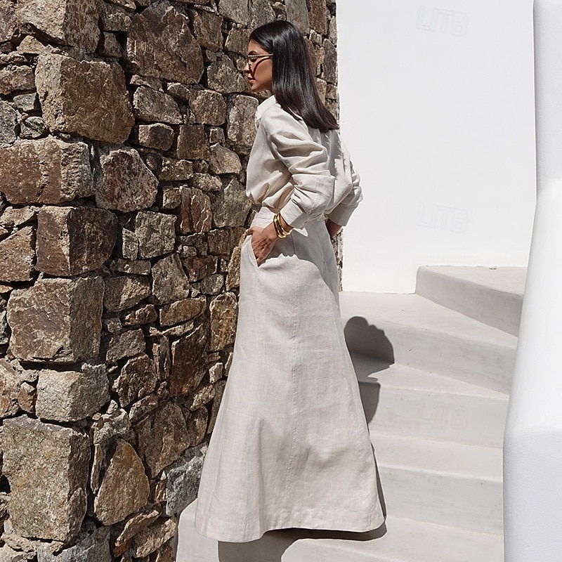 Women's Elegant Vacation Vintage Skirt Sets Long Sleeve Shirt Collar Solid Color Vacation Casual Daily Light Grey Spring Regular Fit3