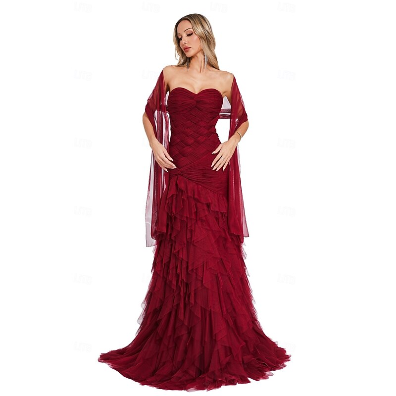 Mermaid / Trumpet Evening Gown Elegant Dress Formal Prom Court Train Sleeveless Sweetheart Tulle with Pleats Shawl