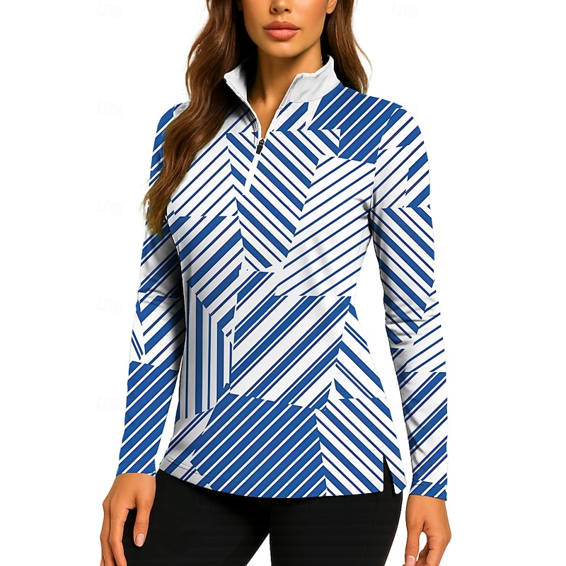 Women's Geometric Tops Golf Polo Shirt Tennis Shirt Long Sleeve Print Quarter Zip Pullover UV Protection Elastic Breathable Tennis Golf Pickleball Zip Collar Shirt Polo Blue and White Tennis Clothing