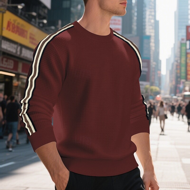 Men's Sweatshirt Black Wine Navy Blue Dark Green Khaki Crew Neck Striped Ribbed Textured Knit-texture Sports & Outdoor Daily Holiday Polyester Streetwear Basic Casual Spring Fall Clothing Apparel2
