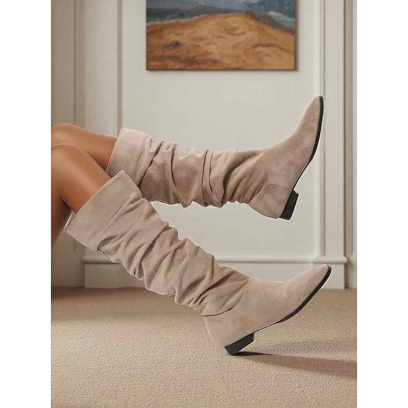 Women's Slouchy Knee High Flat Boots - Taupe Faux Suede Retro Style Fall Fashion Boots for Casual Daily Wear and Costumes4