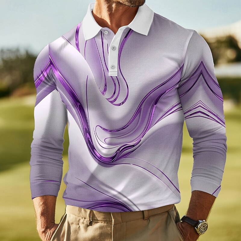 Men's Abstract Marble Polo Long Sleeve Polo Shirts Lapel Casual Outdoor Street Athleisure Daily Wear 3D Print Buttons Spring Fall Winter Blue Purple Gold4