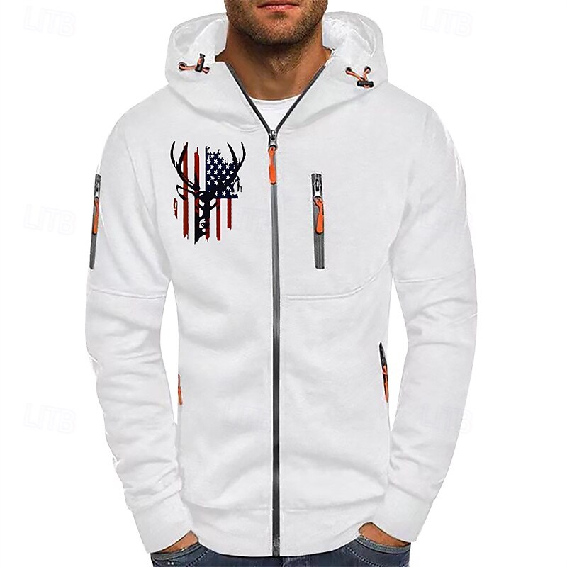 Men's Hoodie Full Zip Hoodie Black White Navy Blue Light Grey Dark Gray Hooded Elk National Flag Pocket Print Sports & Outdoor Daily Holiday Polyester Streetwear Basic Casual Spring Fall Clothing2