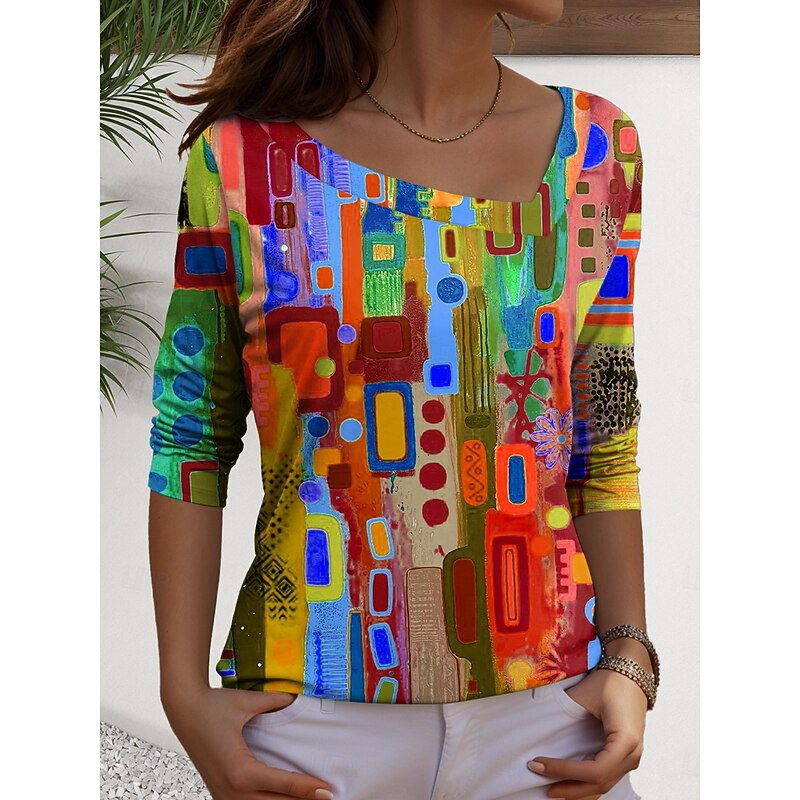 Women's T Shirt Graphic Geometric Casual Long Sleeve V Neck Regular Tops Daily Print Red Blue Purple Green Spring Fall3