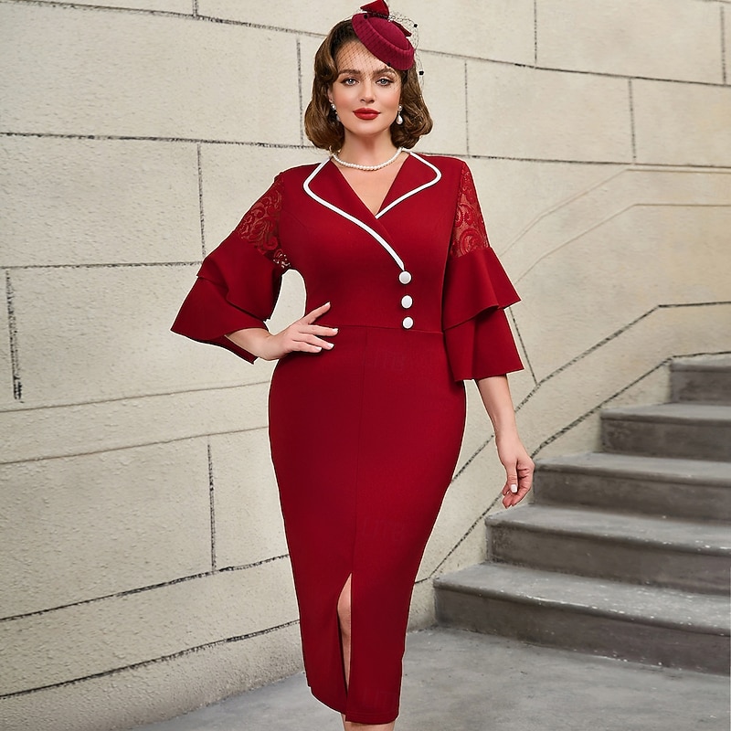 Retro Vintage 1950s 1960s Midi Cocktail Dress Pencil Dress Plus Size V Neck Fancy Dress Women's Formal Party & Evening Retro Theme Party Adults' Dress Spring & Summer