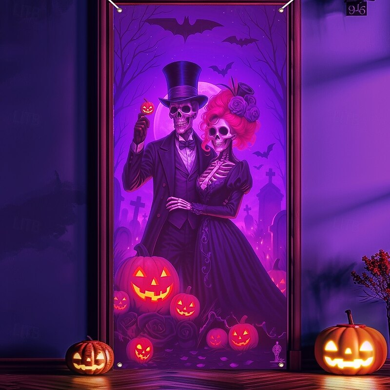 Halloween Door Cover Neon La Catrina Skeleton Bride Banner, Glowing Blacklight Entrance Decoration for Outdoor & Indoor 2025 Halloween Bedroom, Living Room, Bathroom4