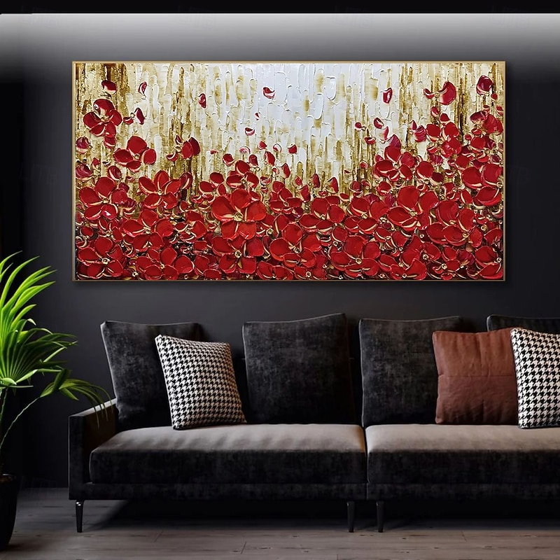 Handmade Oil Painting Canvas Wall Art Decoration 3D Palette Knife Red Flower for Home Decor Rolled Frameless Unstretched Painting