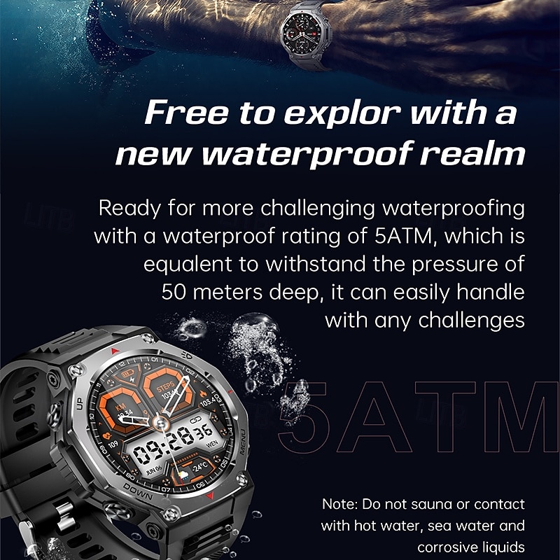 2025 New Smart Watch with Flashlight/UV Light 5ATM Waterproof Bluetooth Call Sports Smartwatch Men for Huawei Xiaomi4