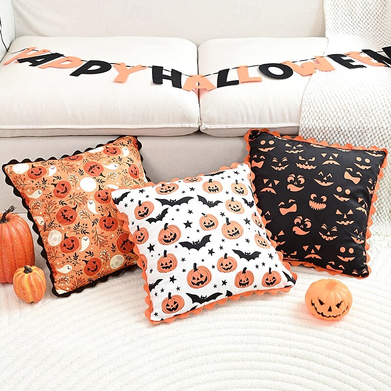 1 Pc Halloween Pillow Cover, Pumpkin Bat Geometric Casual Square Zipper Traditional Classic4