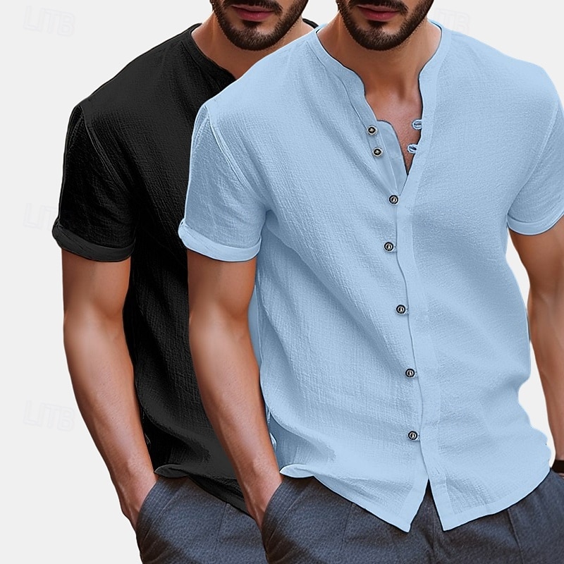 Men's Shirt Linen Shirt Band Collar Shirt Summer Shirt Beach Wear Button Up Shirt Plain Vacation Casual White+khaki Blue+Khaki Gray+Khaki White+Black Short Sleeve Band Collar Summer Clothing Apparel2
