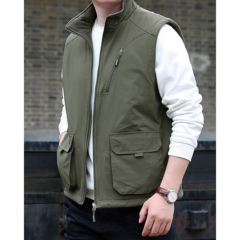 Men's Vest Gilet Outdoor Daily Fashion Casual Spring Fall Pocket Nylon Comfortable Breathable Plain Zipper Stand Collar Regular Fit Black Khaki Army Green Dark Blue Vest2