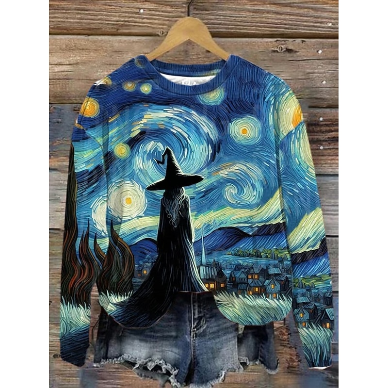Halloween Women's Pullover Sweatshirt Witch Graphic Fashion Casual Long Sleeve Round Neck Regular Tops Street Dailywear Casual Print Blue Light Grey Dark Gray Fall Winter3
