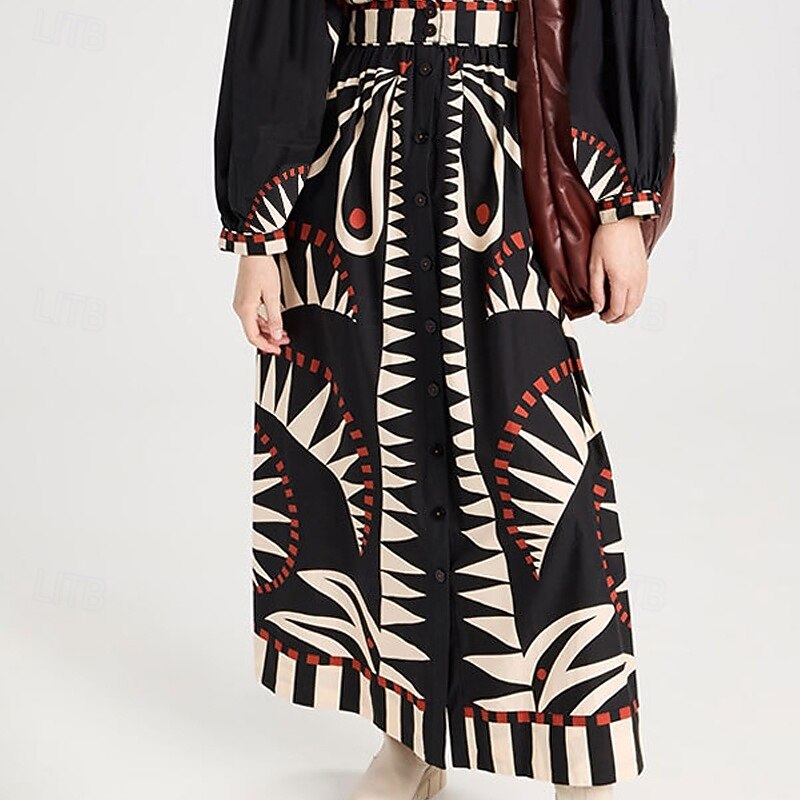 Women's Midi Dress Print Dress Classic Modern Vacation Holiday Going out Regular Fit Flower Long Sleeve V Neck Black Fall3