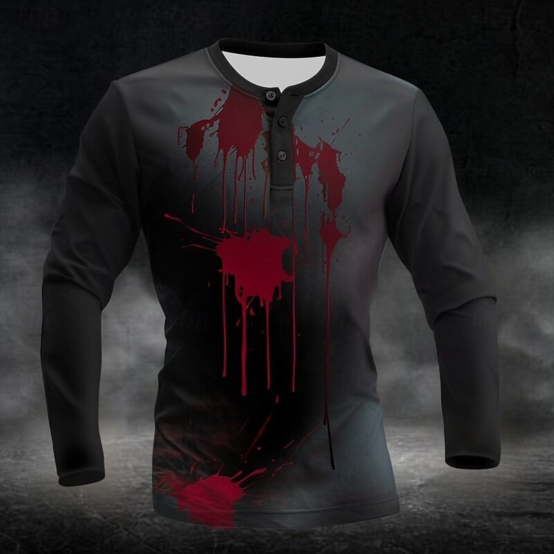 Men's Halloween Graphic Blood Splatter Blood stains Henley Shirt Long Sleeve Fashion Cute Daily Halloween Casual Holiday Spring Fall Spring & Fall Black Henley Henley T-Shirt