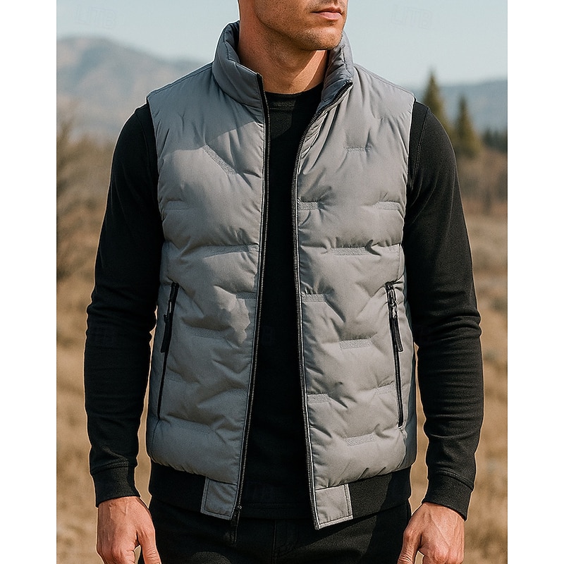 Men's Running Vests Puffer Vest Pockets Zip Up Sleeveless Top Athleisure Solid Colored Packable Lightweight Warm Water Resistant Fishing Hiking Running Sportswear Activewear Black Khaki Gray