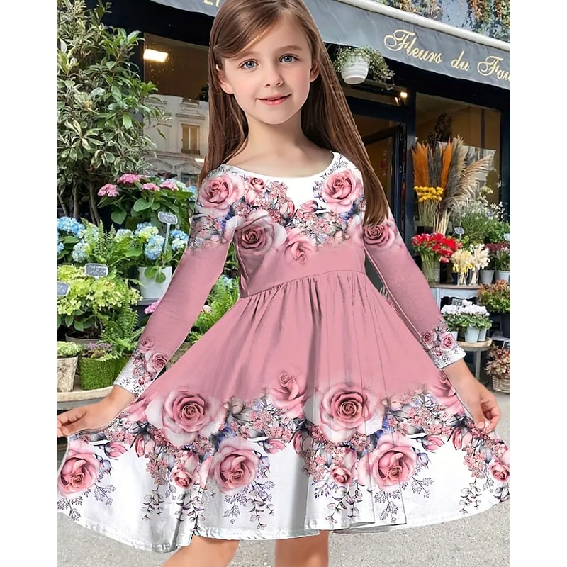Girls' 3D Floral Rose Dress Long Sleeve Summer Spring Vacation Daily Holiday Princess Beautiful Sweet Kids 4-12 Years Casual Dress A Line Dress Knee-length Regular Fit