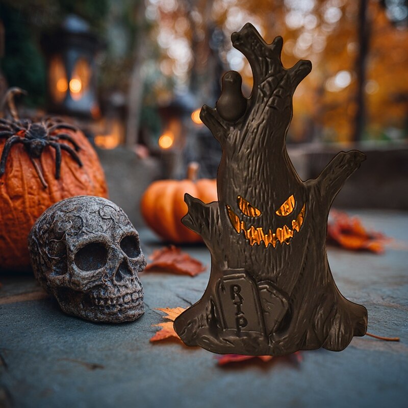 1 Pc 15.2 Cm Halloween Ghost Face Tree stump LED Electronic Candle Light Indoor and Outdoor Halloween Party Restaurant Bedroom Courtyard Atmosphere Decorative Light