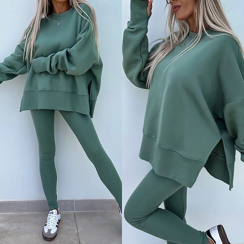 Women's Tracksuit Pullover Sweatshirt Track Leggings Split Solid Colored Clothing Suit Spring Black Pink Gym Training Running High Waist Windproof Lightweight Moisture Wicking Long Sleeve Sport