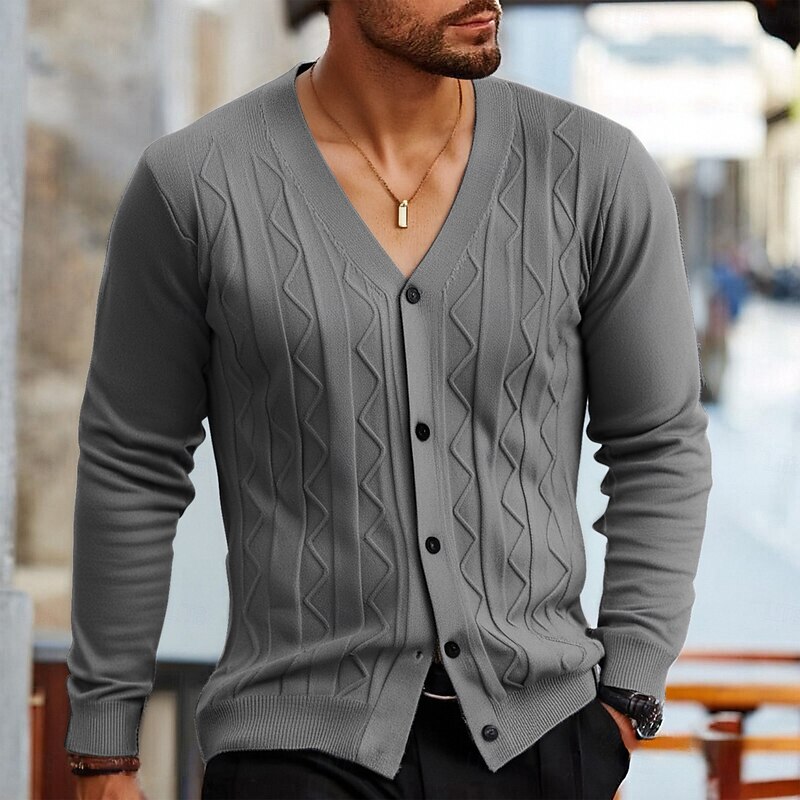 Men's Cardigan Sweater Cardigan Cropped Cardigan Sweater Cropped Sweater Ribbed Cable Knit Cropped Knitted Basic Solid / Plain Color V Neck Daily Wear Family Gathering Clothing Apparel Fall Winter