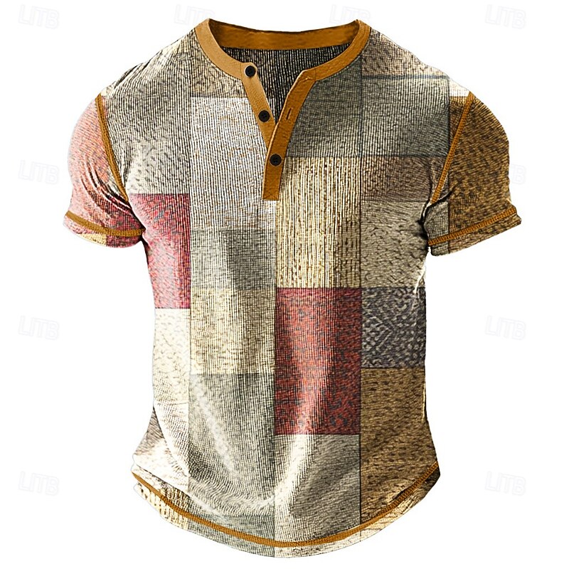 Men's Graphic Plaid Henley Shirt Waffle T Shirt Short Sleeve Daily Retro Vintage Classic Sports Outdoor Casual Holiday Spring & Summer All Seasons Blue Yellow Green Khaki Henley Henley T-Shirt4