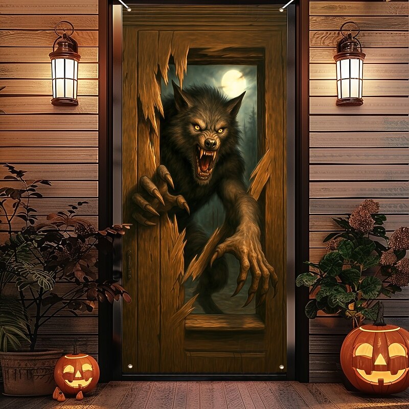 Halloween Door Cover – Evil Demon Emerging from Wooden Door, Haunted House Entrance Banner, Spooky Outdoor & Indoor 2025 Halloween Decoration for Bedroom, Living Room, Bathroom