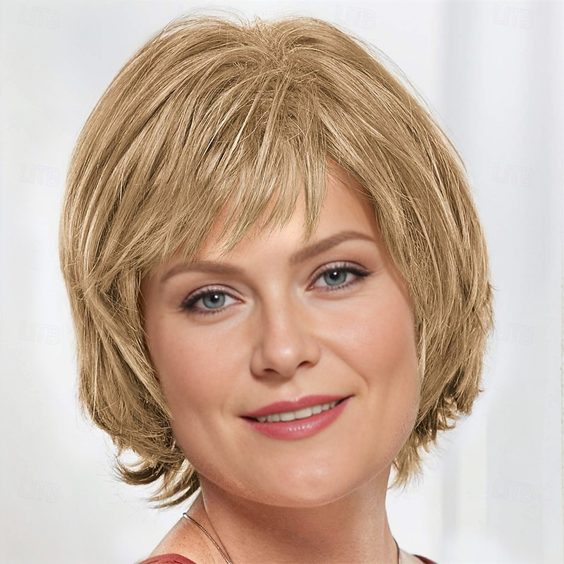 Meg Whisperlite Wig Modern Layered Side-Swept Bob Cut Straight Style with Feathered Ends / 30 Multi-tonal Shades of Blonde Grey Brown and Red4