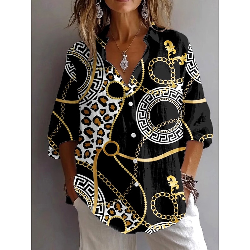 Women's Shirt Button Down Tunic Shirt Collar Long Sleeve Graphic Leopard Geometric Vintage Daily Stylish V Neck Regular Tops Work Daily Holiday s Print Black Blue Spring Fall