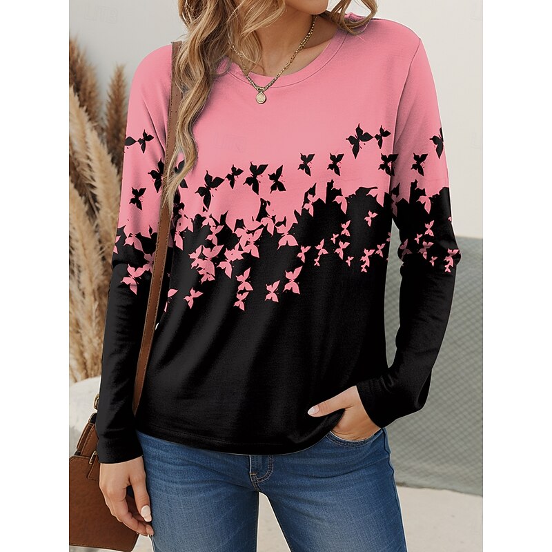Women's T shirt Crew Neck Long Sleeve Tunic Graphic Butterfly Vintage Stylish Modern  Regular Tops Daily Print White Pink Blue Purple Green Fall3