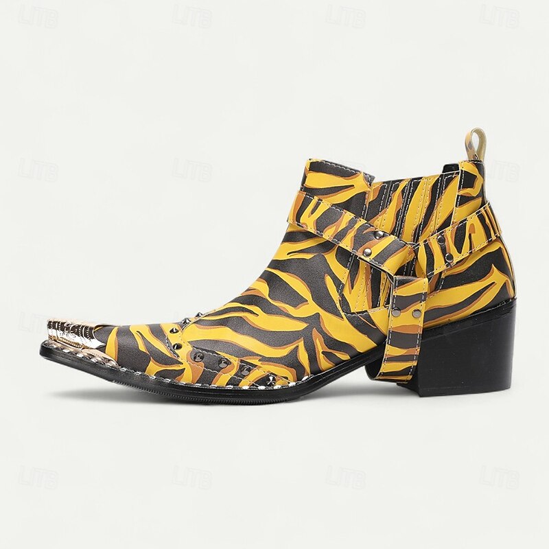 Men's Yellow Tiger Print Boots - Eye-catching Cowhide Leather Boots with Striking Pattern for Bold Fashion - Perfect for Statement Wear and Parties4