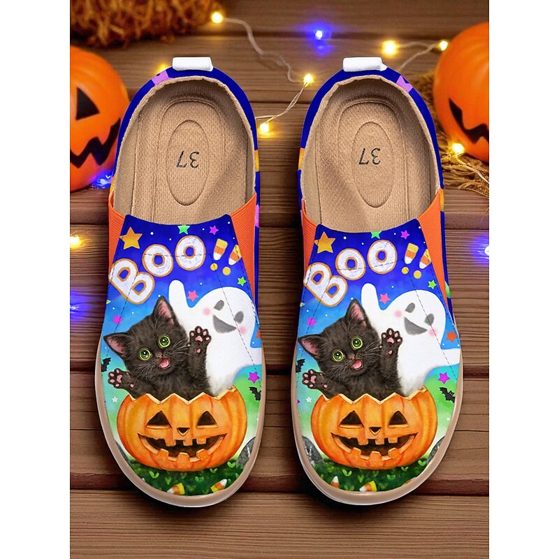 Boo by Kayomi Harai Women's Halloween Slip-On Shoes with Cat & Pumpkin Print – Wide Toe Casual Loafers for Fall Parties, Trick-or-Treating & Holiday Outfits4