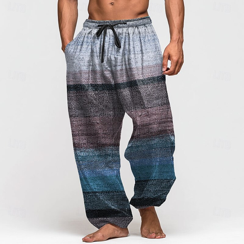 Men's Color Block Striped Trousers Baggy Pants Casual Pants Mid Waist Retro Vintage Outdoor Vacation Elastic Drawstring Waist Linen-Like Pants with Pockets Summer Spring Fall 3D Print Blue Purple4