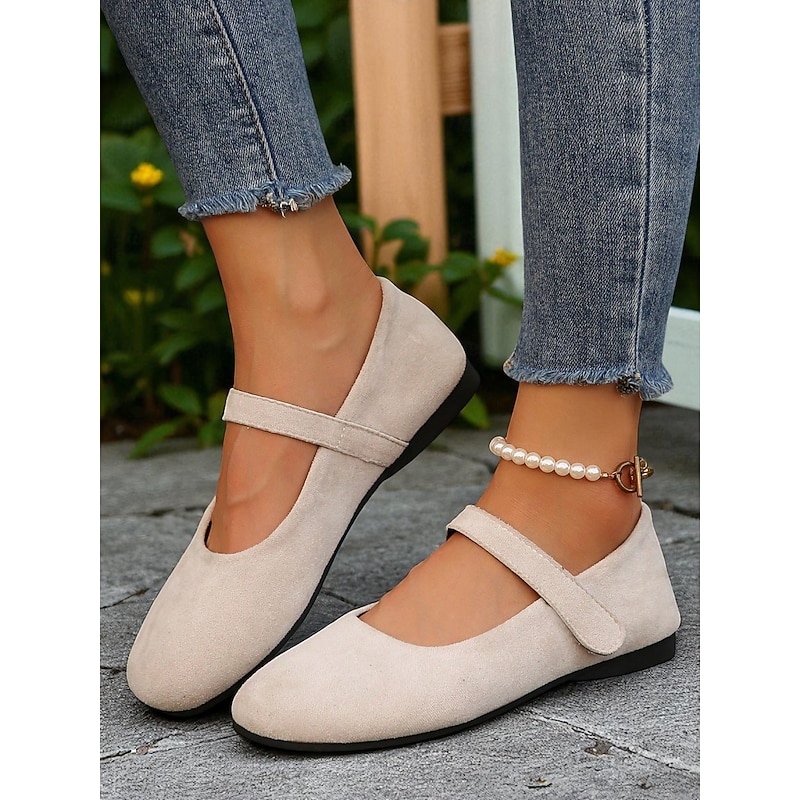 Women's Beige Wide Toe Mary Jane Flats – Soft Faux Suede Comfort Shoes for Casual Outings, Garden Strolls and Daily Wear4