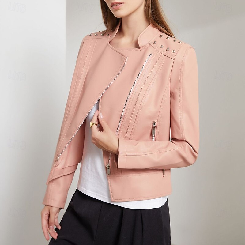 Women's Faux Leather Jacket Comfortable Pocket Full Zip Fashion Street Style Plain Outdoor Casual Daily Regular Stand Collar Regular Fit Long Sleeve Outerwear Black Pink Burgundy Spring Fall4