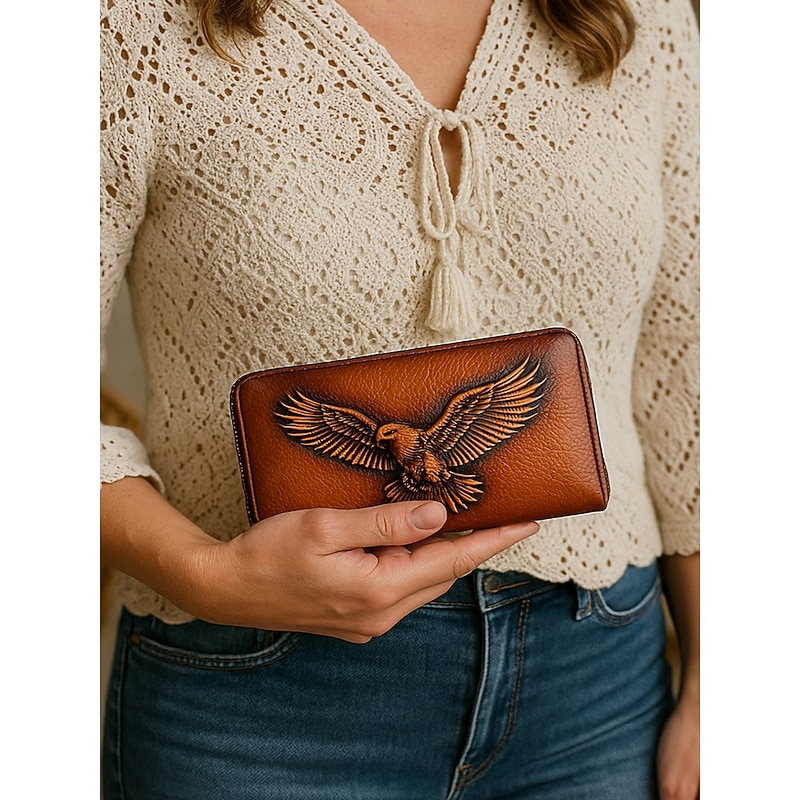 Women's Genuine Leather Long Wallet with Carved Eagle Design, Vintage Zipper Clutch Purse for Stylish Ladies, Perfect for Daily Use and Special Occasions2