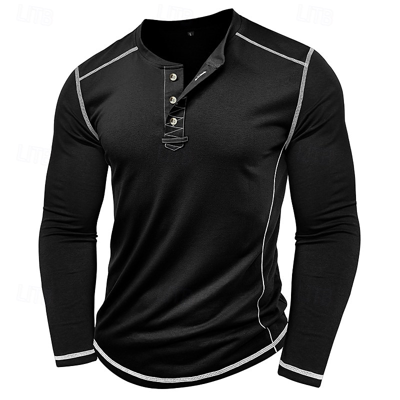 Men's T Shirt Henley Shirt Henley Top Long Sleeve Solid Color Vintage Casual Contrast Stitching Henley Outdoor Causal Casual Spring Fall Spring &  Fall Black White Gray Henley T-Shirt