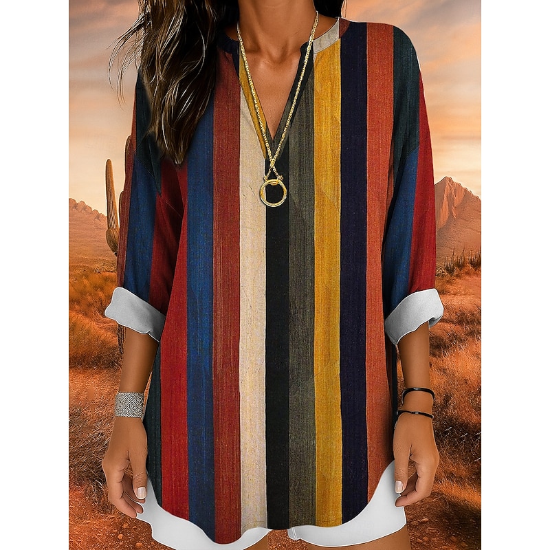 Women's Shirt Cotton Linen Shirt Blouse Graphic Geometric Striped Daily Hawaiian Business Long Sleeve V Neck Regular Tops Work Daily Holiday Buttons Print Yellow Red Blue Purple Green Summer Spring