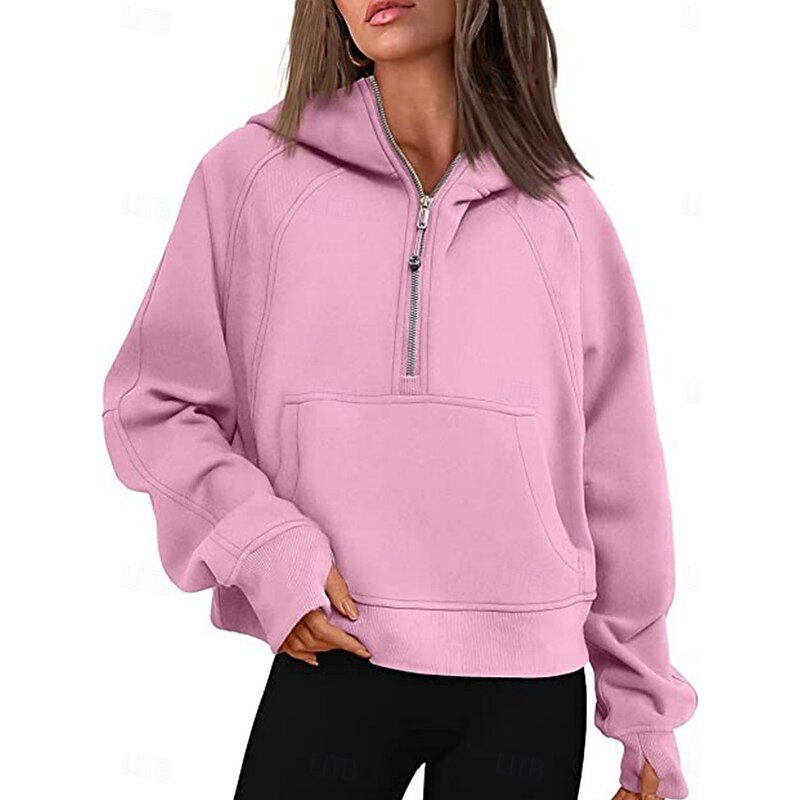 Women's Pullover Hoodie Sweatshirt Plain Casual Long Sleeve Hooded Regular Tops Street Dailywear Patchwork Zipper Pocket White Pink Khaki Gray Fall Winter2