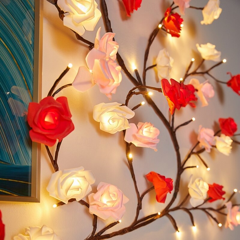 LED Branch Light Rose Rattan Light 2.3m 144LEDs Remote Control USB Powered Bendable Atmosphere Light Rose Valentine's Day Wedding Bedroom Living Room Wall Christmas Party Home Decoration4