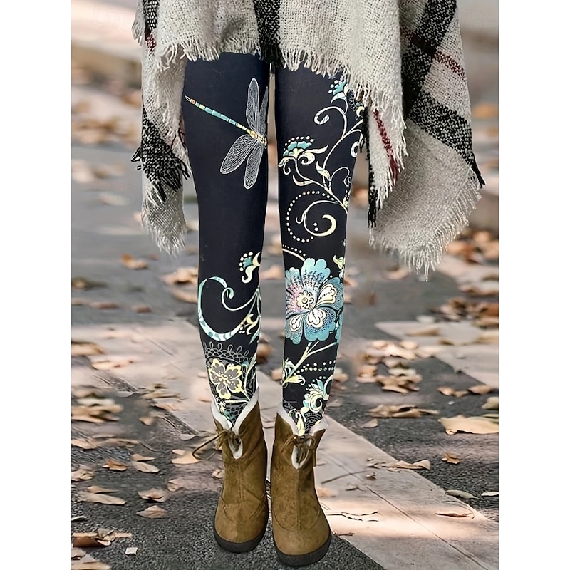 Women's Leggings Vacation Vintage Ethnic Style Ankle-Length High Waist Floral Graphic Bird 3D Print Quick Dry Breathability Soft Stretchy Outdoor Home Causal Tan Black Fall Slim Fit