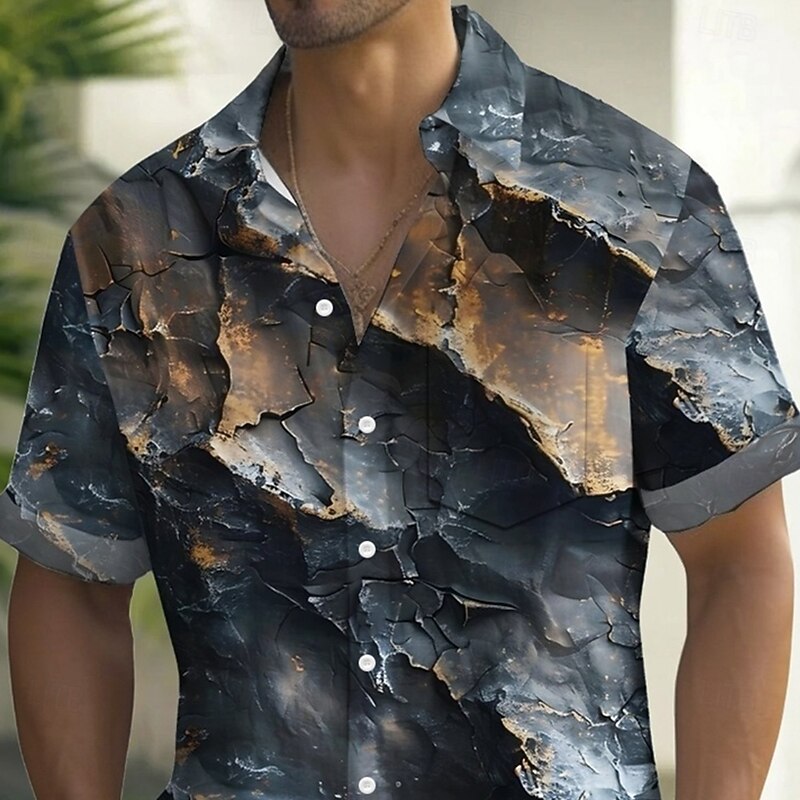 Men's Stone Vintage Rock Shirt Summer Shirt Button Up Shirt Short Sleeve Fashion Casual Outdoor Vacation Dailywear Summer Spring Turndown 3D Print Collared Shirts Front One Pocket Dark Gray2