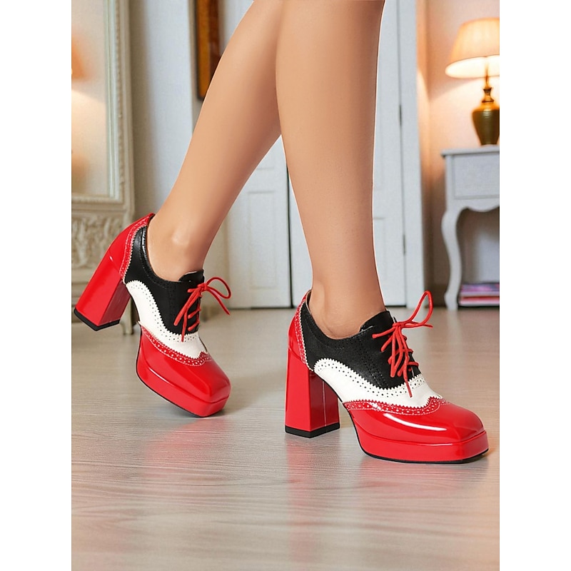 Women's Colorblock Oxford Platform Heels – Retro Patent Leather Lace-Up Brogue Shoes for Statement Looks and Costumes3