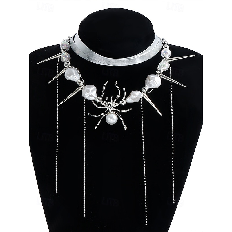 Women's Halloween Spider Choker Necklace – Gothic Punk Alloy and Imitation Pearl Design with Spikes and Chains, Statement Costume Jewelry for Party, Cosplay and Spooky Night Out4