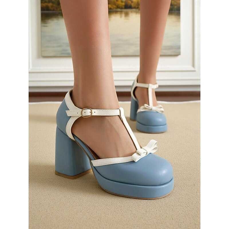 Women's Blue and White T-Strap High Heels with Bow Detail -1960s Vintage Style,Comfortable Platform Pumps for Casual, Daytime Wear and Retro Outfits.