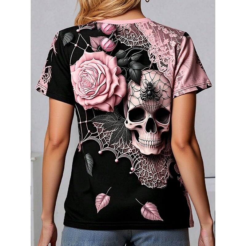 Halloween Women's T Shirt Skulls Floral Graphic Vintage Stylish Classic Short Sleeve Crew Neck Regular Tops Daily Weekend Print Pink Purple Gray Summer Spring Fall2