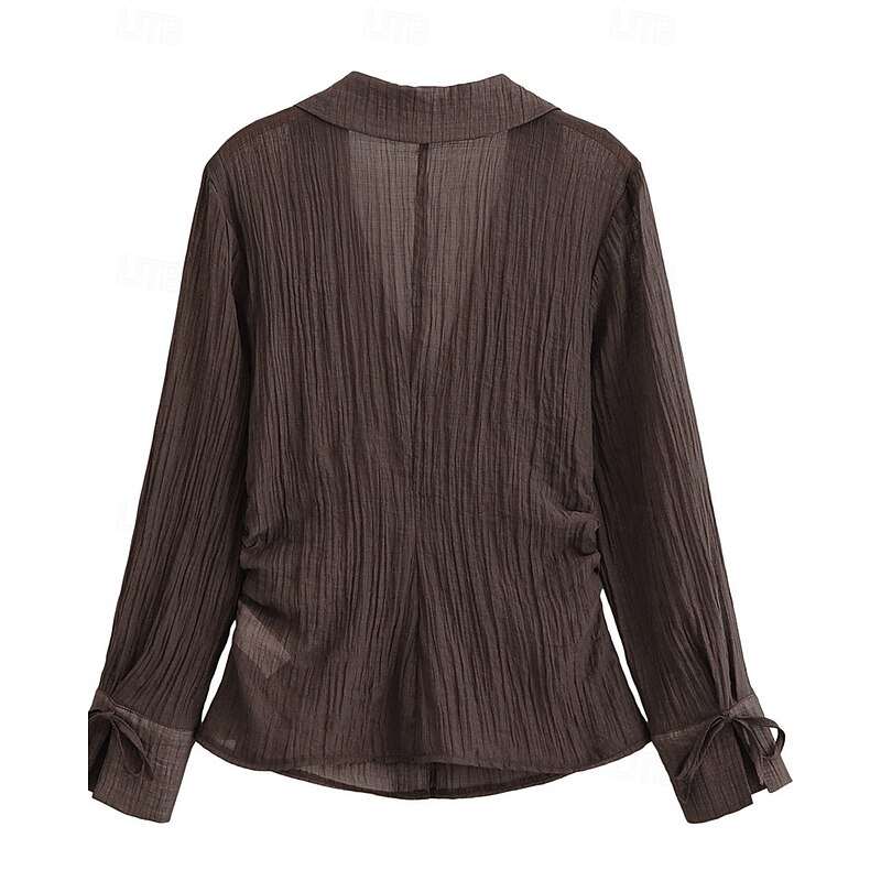 Women's Shirt Texture Blouse Summer Tops Plain Daily Stylish Basic Long Sleeve Shirt Collar Regular Tops Work Daily Holiday Buttons Brown Spring Fall2